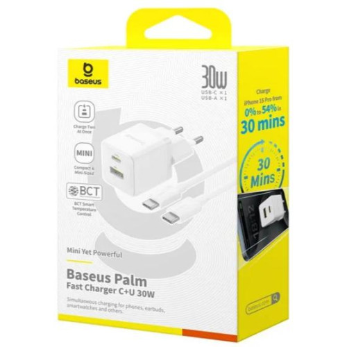 МЗП Baseus Palm Fast Charger Type-C+USB 30W (With Cable Type-C to Type-C 60W 1m) White