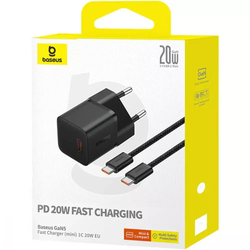 МЗП Baseus GaN5 Mini Fast Charger Type-C 20W (With Cable Type-C to Type-C 100W 1m) Black