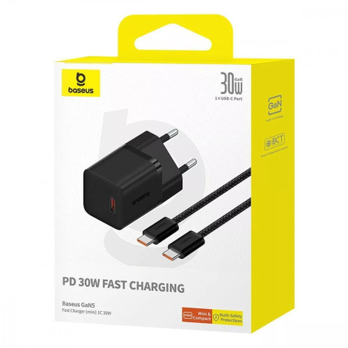 МЗП Baseus GaN5 Mini Fast Charger Type-C 30W (Кабель Type-C to Type-C) Black