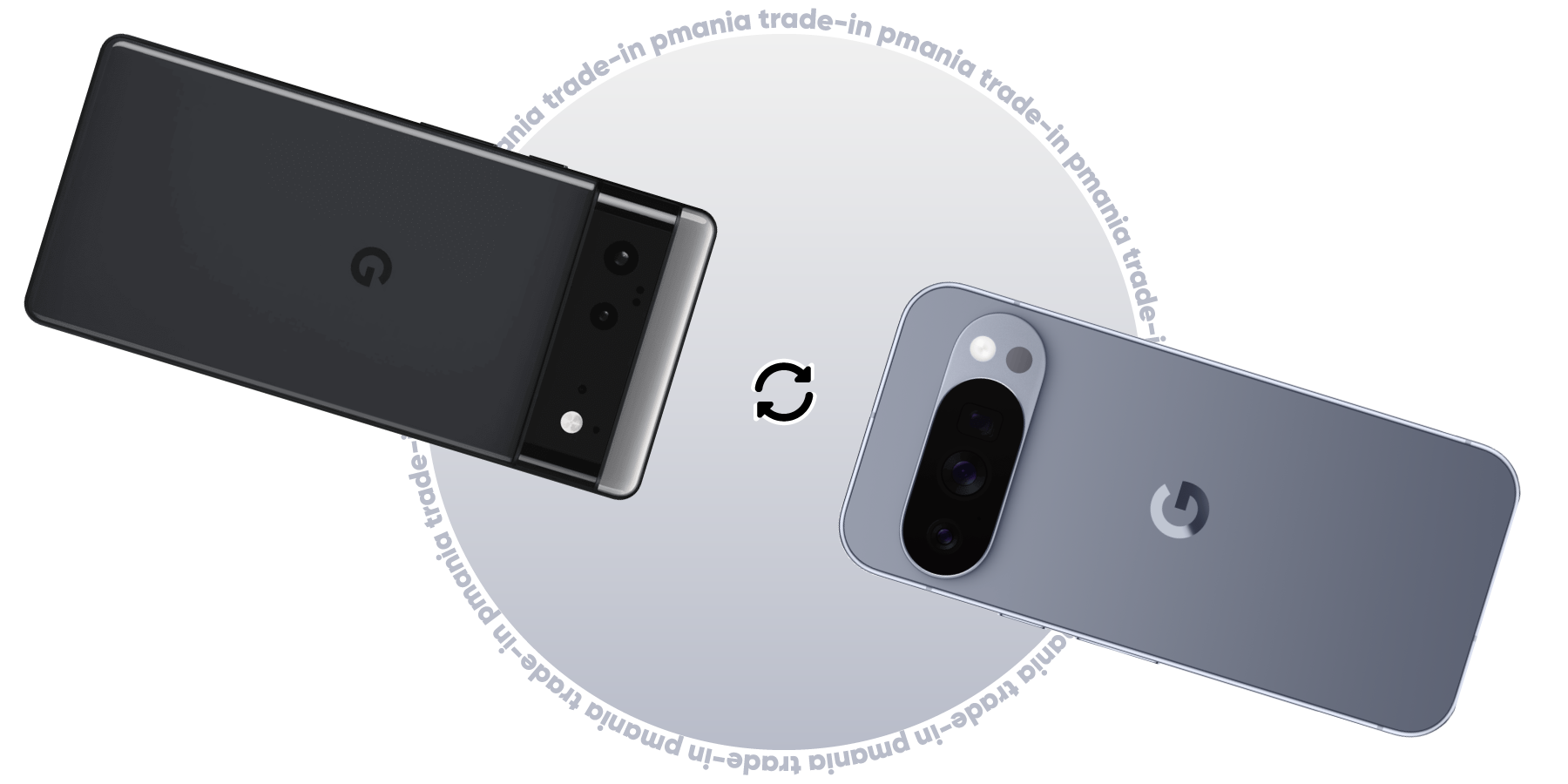 Обміняйте старий смартфон Google Pixel на новий за програмою Pmania Trade-In. Ліворуч зображений старий Pixel, праворуч новий, з текстом про знижку та символом оновлення в центрі.